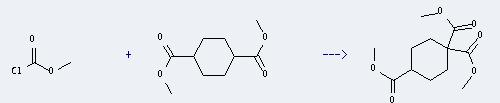 1,4-Cyclohexanedicarboxylic acid, dimethyl ester, trans- can react with carbonochloridic acid methyl ester to produce cyclohexane-1,1,4-tricarboxylic acid trimethyl ester